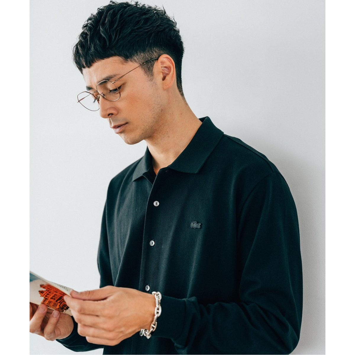 【エディフィス / ラコステ】 別注 フルオープン 鹿の子 ポロシャツ　Mサイズ LACOSTE (ラコステ) 別注 フルオープン ロングスリーブ