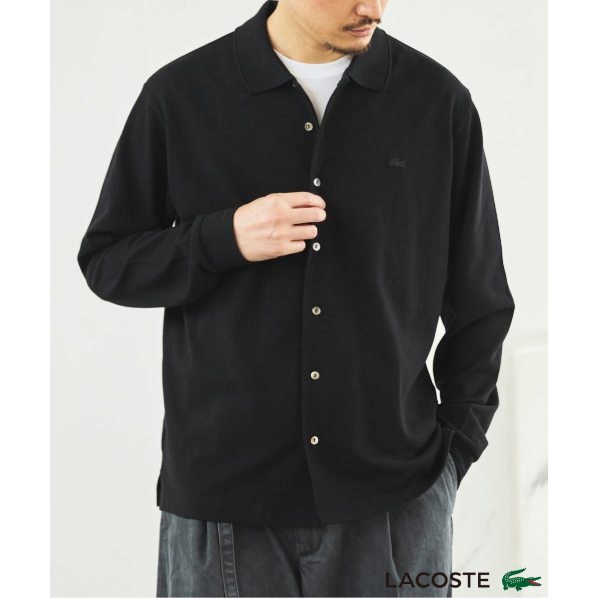 美品　LACOSTE ラコステ　EDIFICE別注 フルオープン ポロシャツ　M LACOSTE (ラコステ) 別注 フルオープン ロングスリーブ