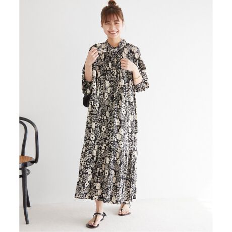 追加》レトロフラワープリントボウタイギャザーワンピース  