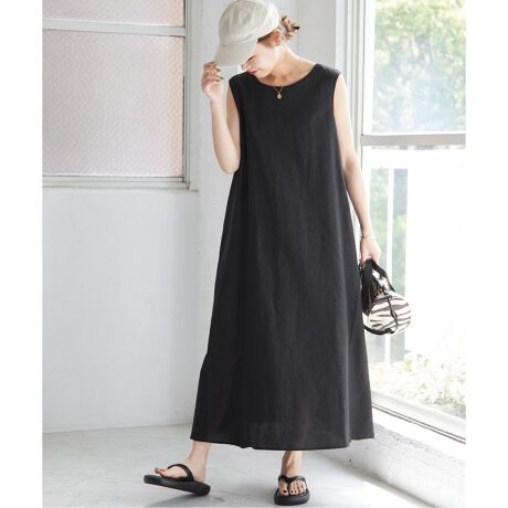 ポプリンノーカラーレースアップノースリーブワンピース ポプリンノー  