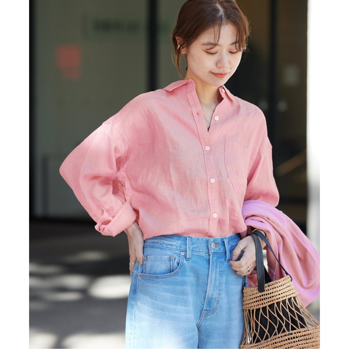 美品 ジャーナルスタンダード リネン混 スキッパー オーバーサイズシャツ◆ピンク カラーリネンオーバーサイズシャツ | ジャーナルスタンダード