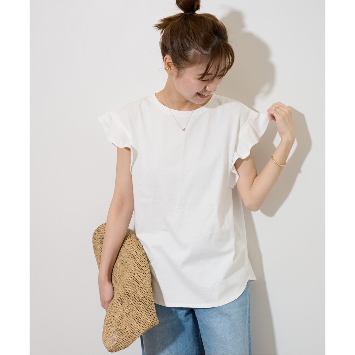 JOURNAL STANDARD relume フレンチスリーブ リブTシャツ白