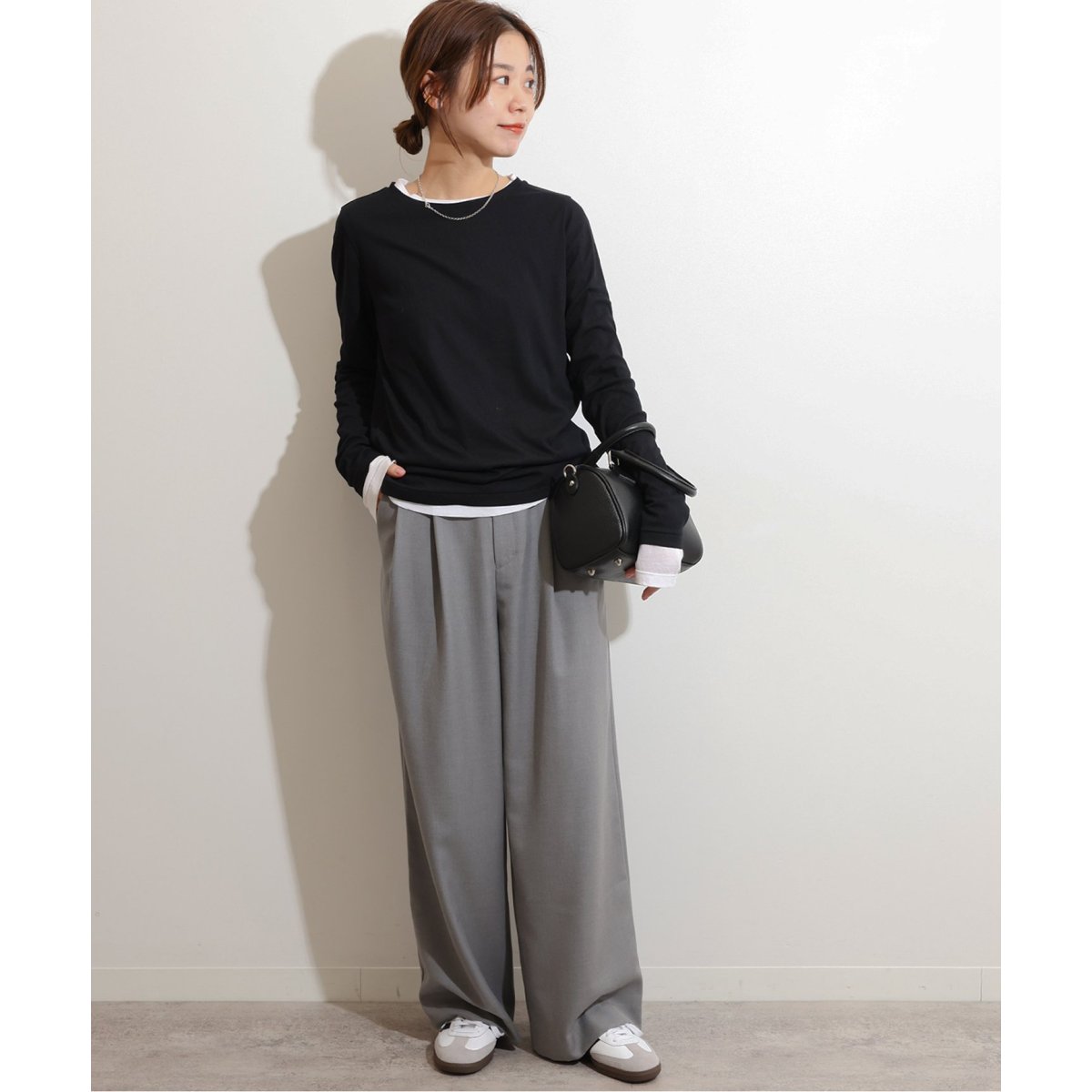 ソフトテレコクルーネックロングTEE 白と黒2枚セット 追加2》ソフトテレコクルーネックロングTEE（Tシャツ/カットソー