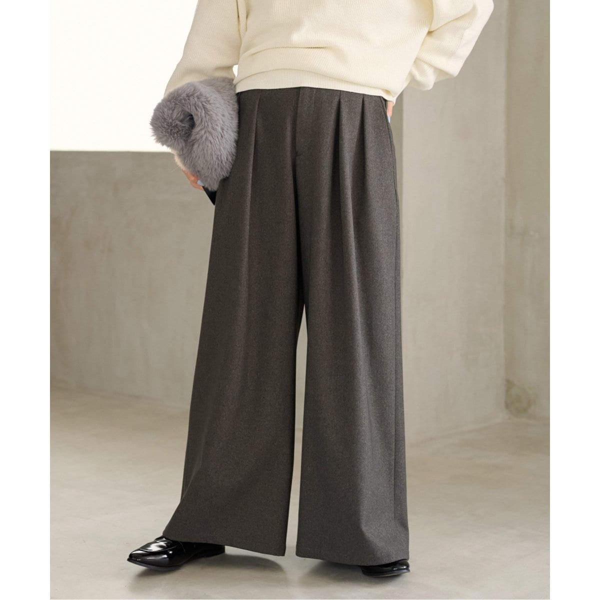 追加5》ウォッシャブルサージストレッチタックワイドパンツ