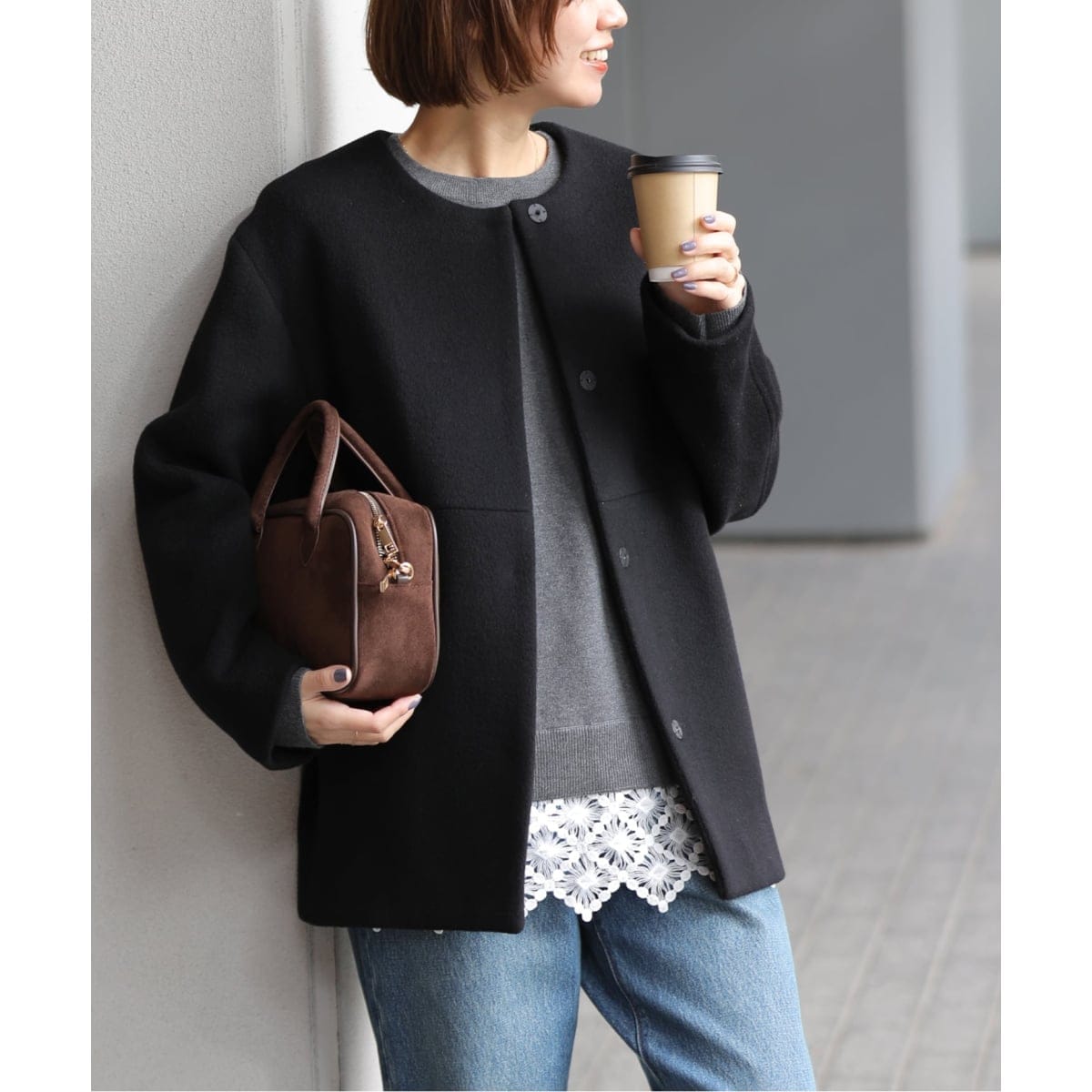 NOBLE トリプルクロスライトクルーネックショートコート ネイビー 36