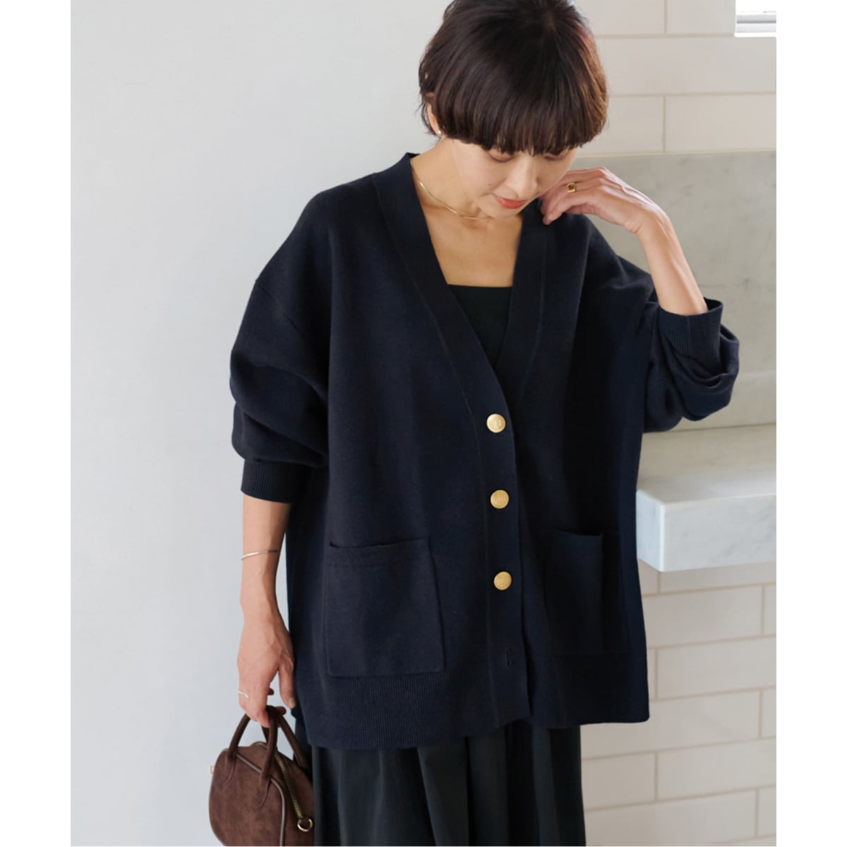 コットンカシミヤミックスダブルニットVネックカーディガン