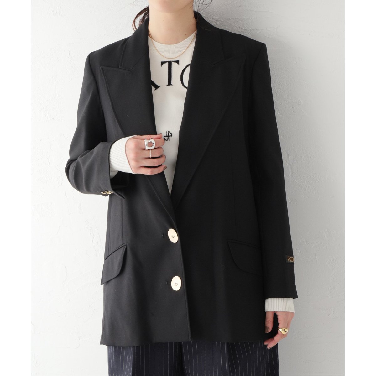 週末限定値下patou 36 ノーカラーダブルボタンジャケット 黒　36 パトゥ 週末限定値下patou 36 ノーカラーダブルボタンジャケット 黒36