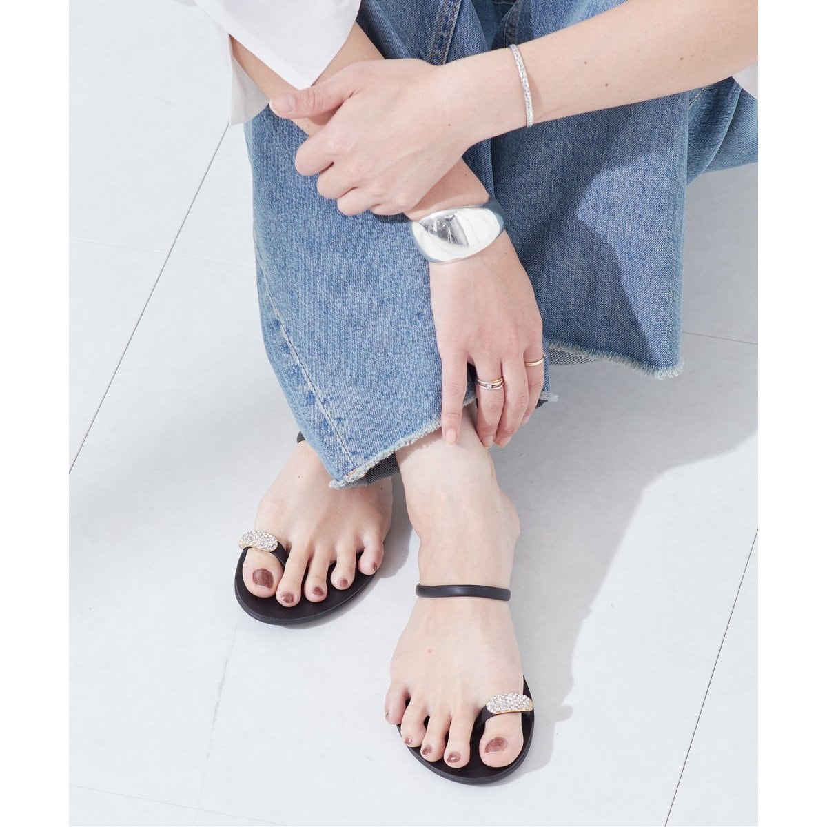 サンダル ミュール レディース ヒール 大きいサイズ ビジュー ライン