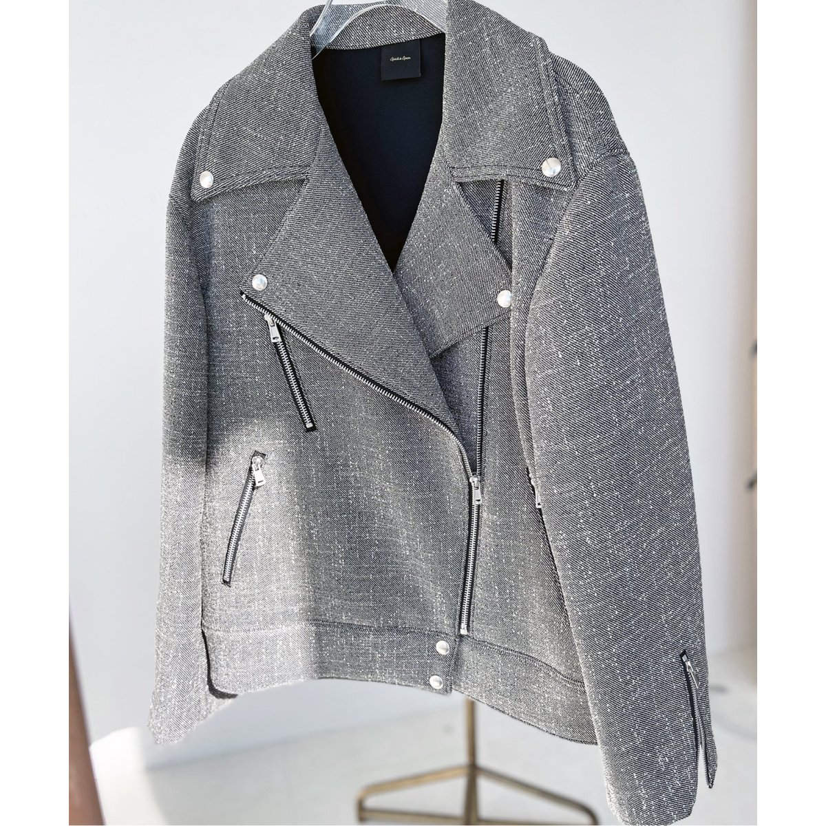 【美品】スピックアンドスパン ツイード ライダースジャケット FREE 黒 ボンディングツイードライダースジャケット | スピック＆スパン