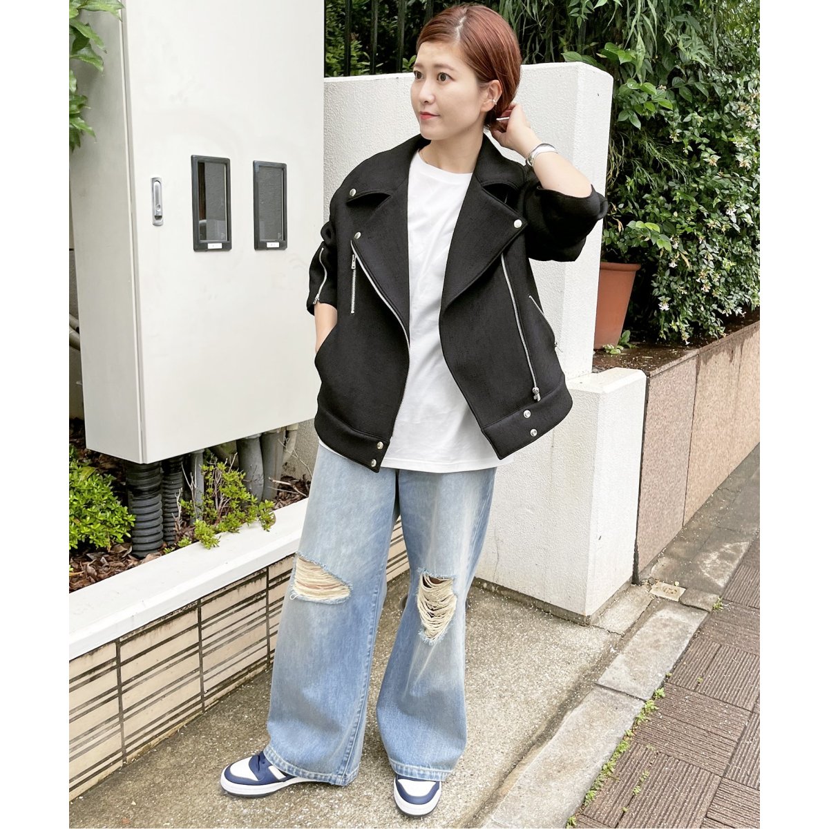 【美品】スピックアンドスパン ツイード ライダースジャケット FREE 黒 ボンディングツイードライダースジャケット | スピック＆スパン