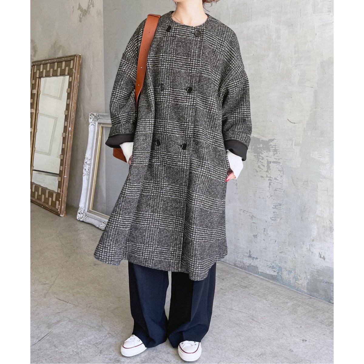 Wスライバーノーカラーチェックポンチョコート | スピック＆スパン