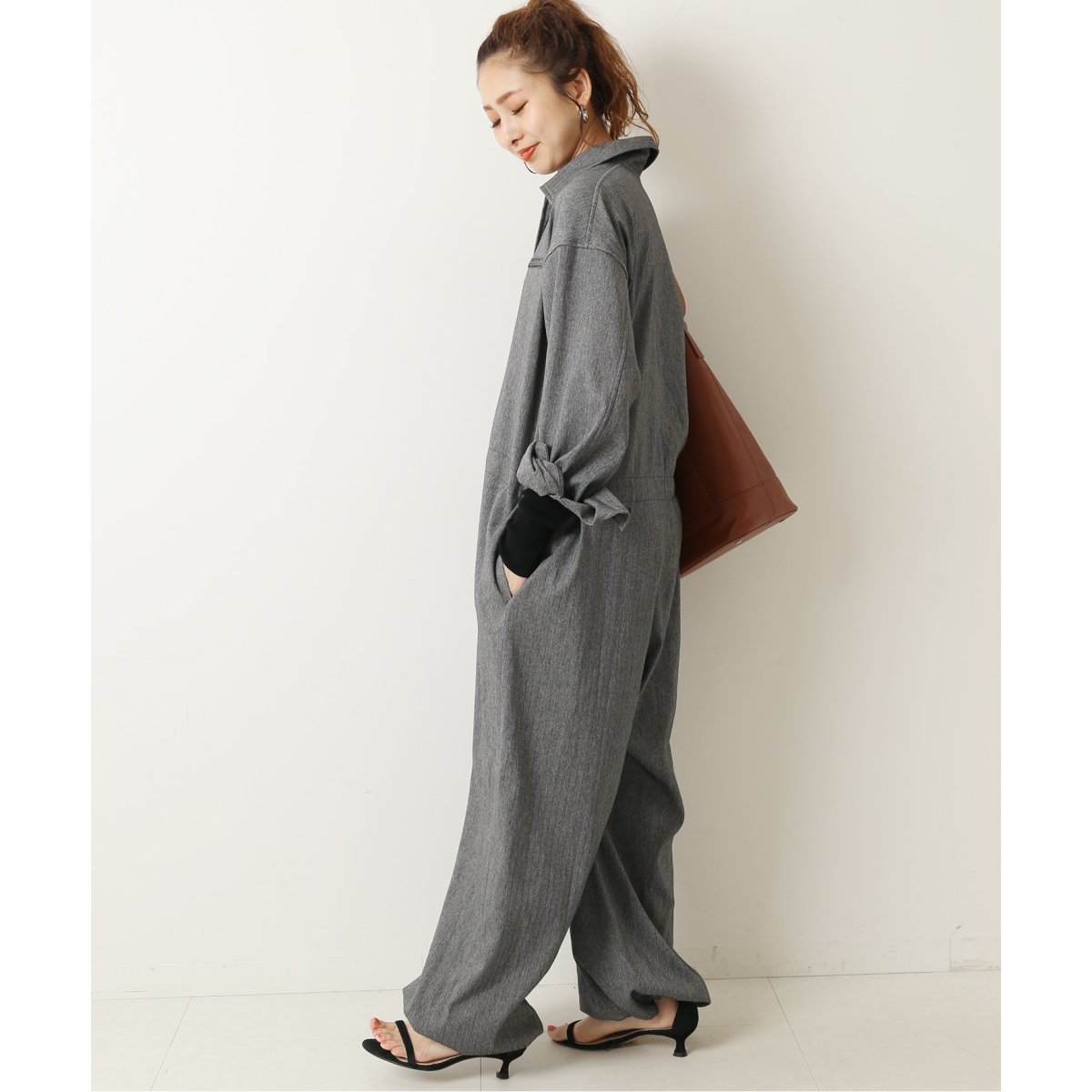 Spick&Span◆ジャンプスーツ/36/ポリエステル/GRY/ヘリンボーン/23-030-200-3160-3-0 Spick & Span（スピックアンドスパン）の「PE/PUヘリンボーン