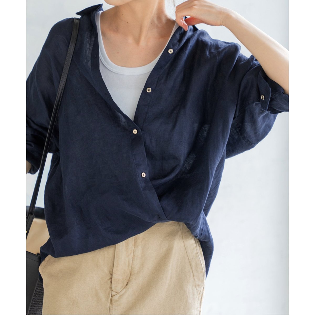 【スピックアンドスパン】80リネンカシュクールビッグシャツ　サックスブルー 追加3》80リネンカシュクールビッグシャツ（シャツ/ブラウス