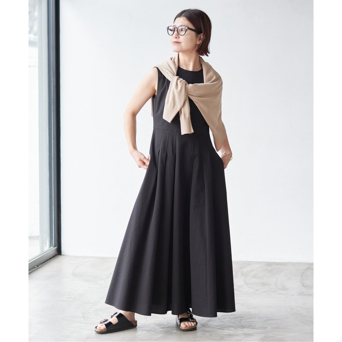 Spick & Span／シアサッカーフレアワンピース／38サイズ／ブラック タグ付き】スピックアンドスパン シアサッカーフレアワンピース