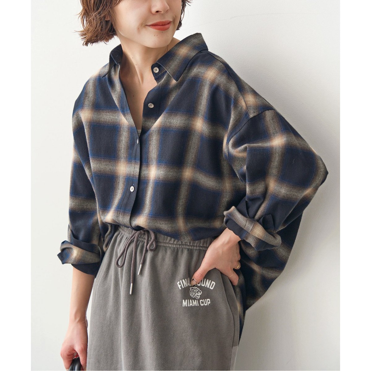 【タグ付き未使用】スピックアンドスパン オンブレーチェックルーズシャツ メタルボタンオンブレーチェックルーズシャツ（シャツ／ブラウス