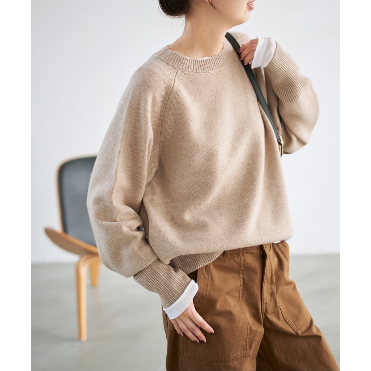 rough＆swell ラグランクルーネックニット WEB限定カラー有り》ウールカシミヤ ニット　オレンジ系　長袖　薄手 クルーネック ラグラン メンズウェア