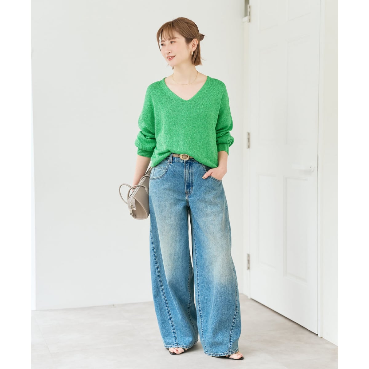 july.nine ペーパーヤーンVネックニット Green レーヨンペーパーヤーンVネックプルオーバー