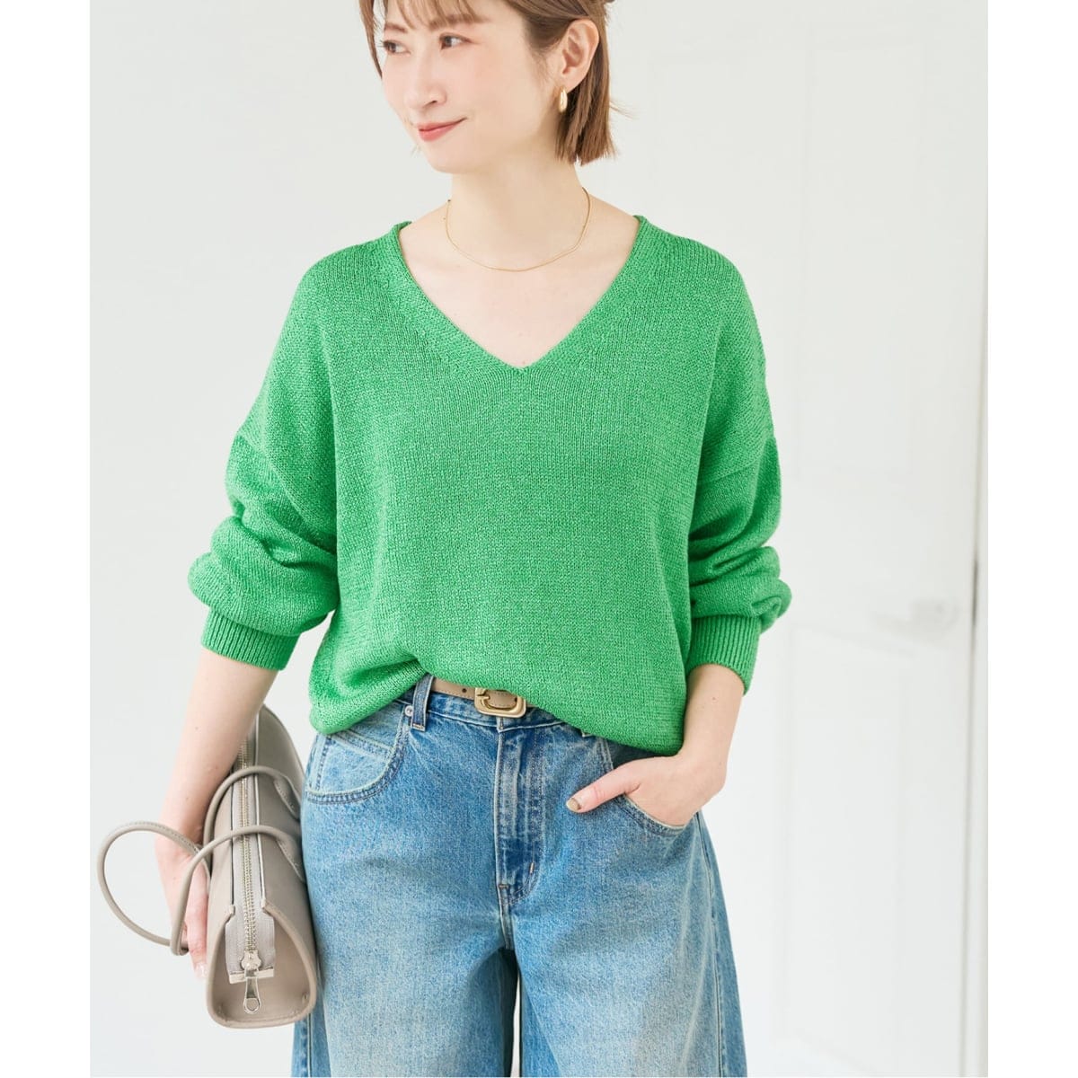 july.nine ペーパーヤーンVネックニット Green レーヨンペーパーヤーンVネックプルオーバー