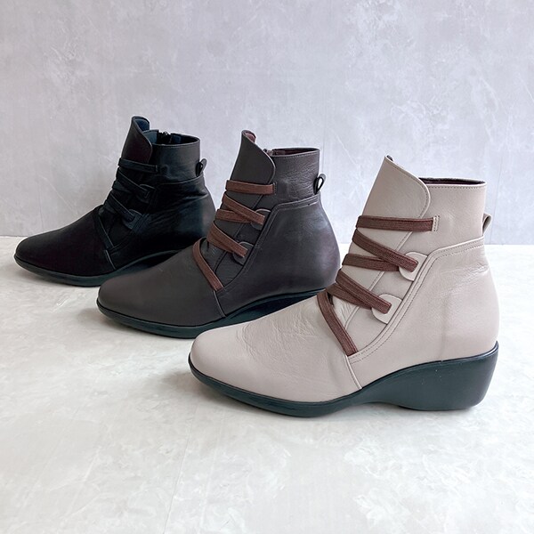 JS ハートレーベル（JS Heartlavel）/【25秋冬新作】極柔！軽量！日本製 シューレースデザイン レザーショートブーツ 25秋冬新作】極柔！軽量！日本製 シューレースデザイン レザーショート