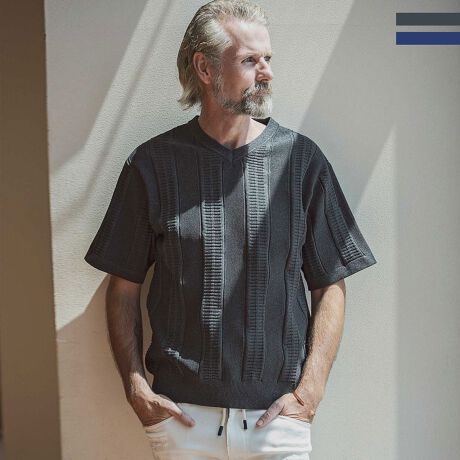 AKM Contemporary ランダムストライプサマーニットTシャツ 