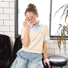 【洗える】フェイクレイヤード半袖ニットシャツ