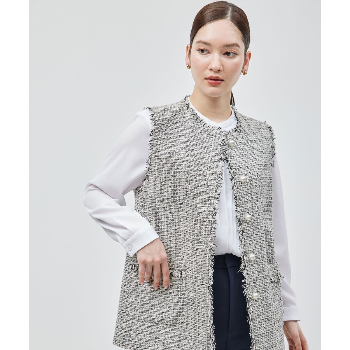 ミックスツイード ノーカラージレベスト【セレモニー/通勤対応