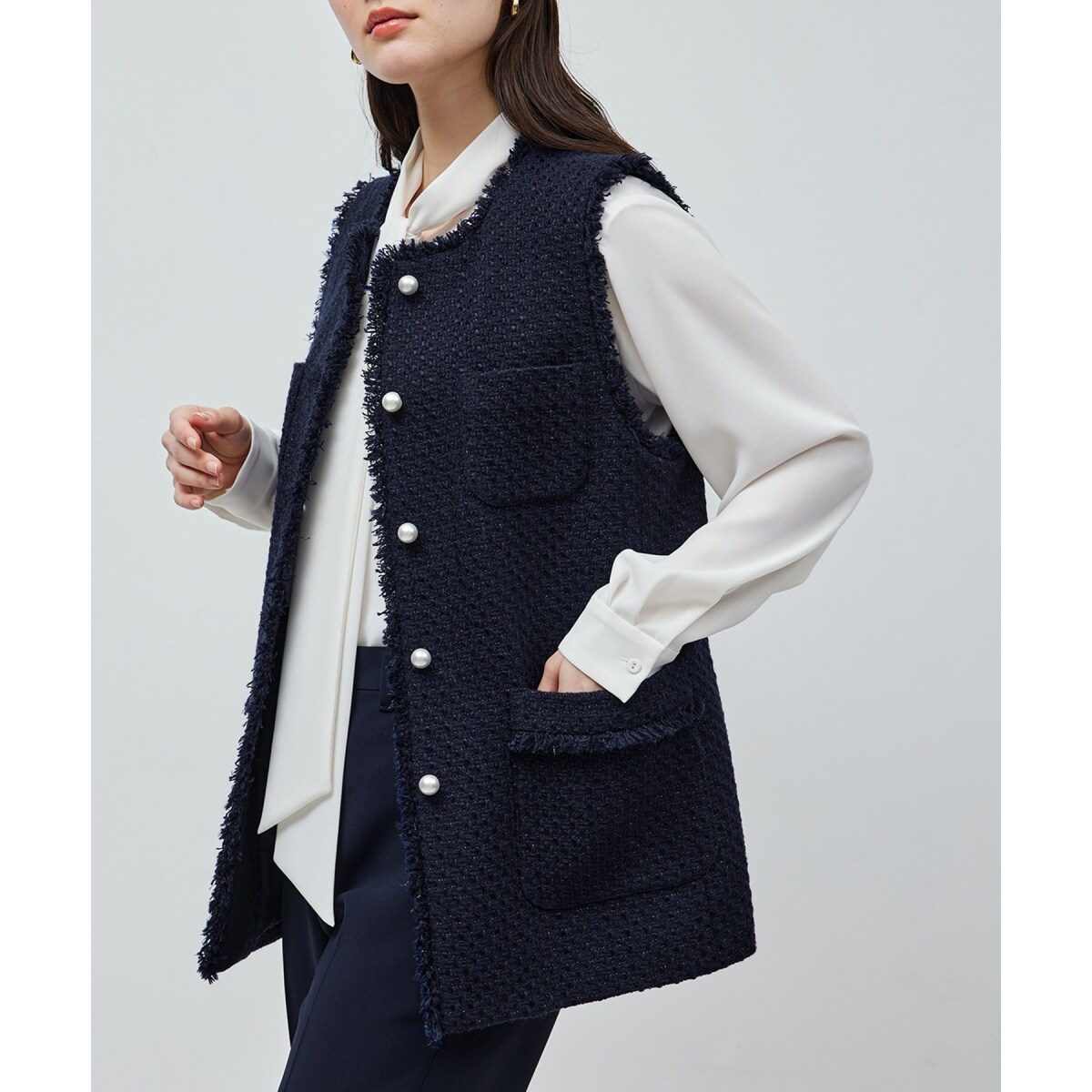 着用1回　ロペ　定価¥3万9600円　ミックスツイード ノーカラージレベスト 着用1回ロペ定価¥3万9600円ミックスツイード ノーカラージレベスト