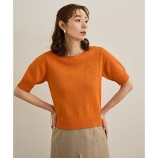 【洗える】クルーネックミドルゲージ5分袖ニット【オーガニックコットン】/セットイン対応
