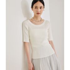【洗える】【WEB・一部店舗限定】前後2WAYボートネックリブ5分袖ニット