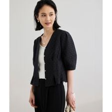 【洗える・羽織にもなる】Vネック5分袖パフスリーブブラウス