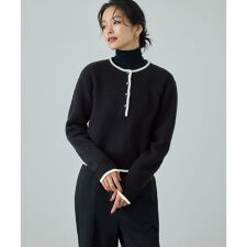 カシミヤ混 透かし柄バイカラーニット/イージーケア