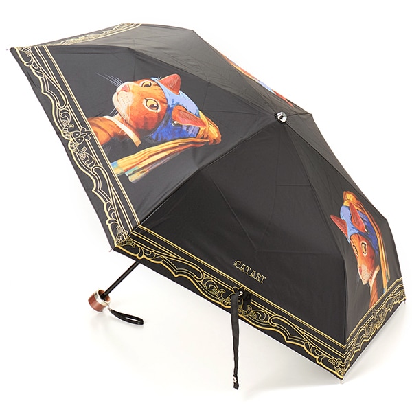 キャットアート 晴雨兼用 折りたたみ傘 (袋付) 真珠のイヤリングをした