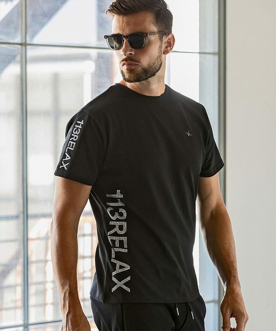 1PIU1UGUALE3 RELAX ラインストーンサイドロゴ半袖Tシャツ