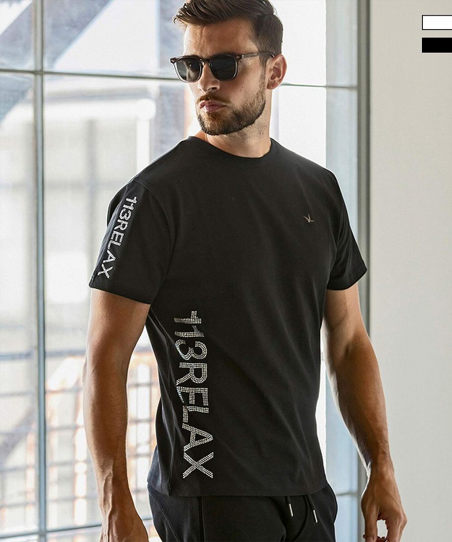 1PIU1UGUALE3 RELAX ラインストーンサイドロゴ半袖Tシャツ