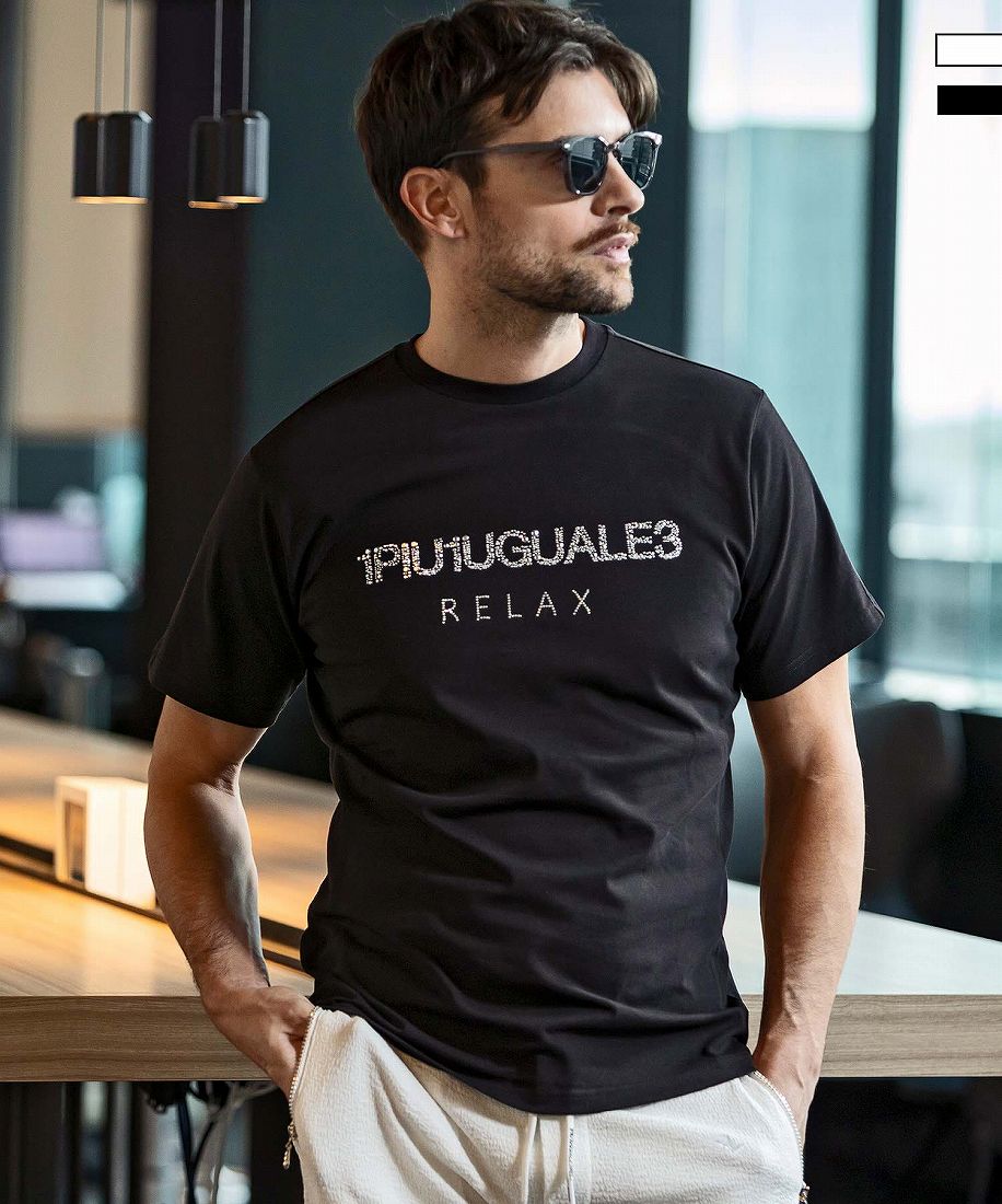 1PIU1UGUALE3 RELAX▼グラデーションラインストーン 半袖Tシャツ 1PIU1UGUALE3 RELAX「ラインストーングラデーションロゴ半袖T
