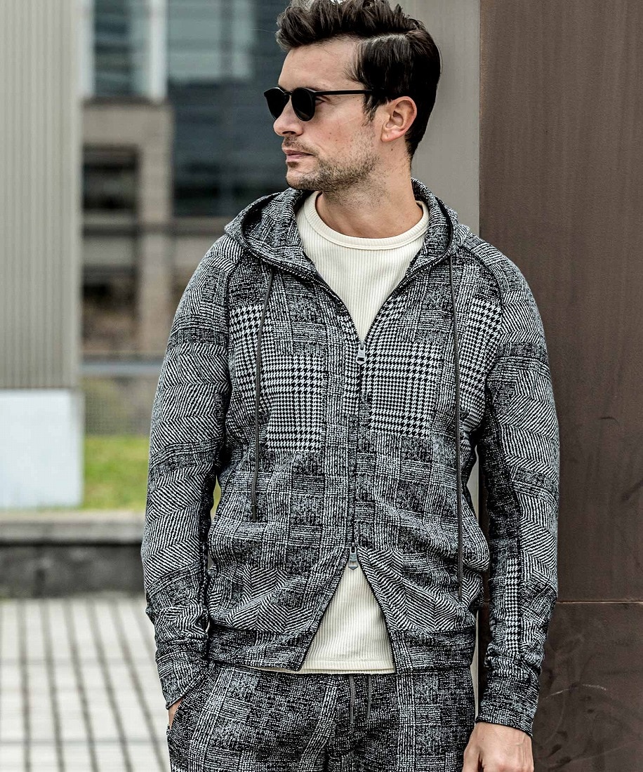 【1PIU1UGUALE3 RELAX】 ハウンドトゥースジャガードパーカー 1PIU1UGUALE3 RELAX ウンドトゥースジャガードパーカー | ウノ