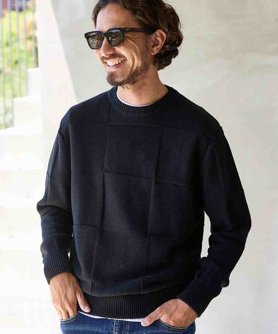 ウノピゥウノウグァーレトレ リラックス（1PIU1UGUALE3 RELAX）/1PIU1UGUALE3 RELAX ブロックパターンクルーネックニット 1PIU1UGUALE3 RELAX ブロックパターンクルーネックニット | ウノピゥ