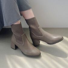 柔らかいニットで歩きやすい 美脚見えが叶う スクエアトゥニットヒールブーツ/31403