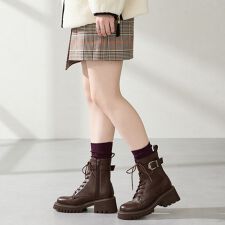 編み上げブーツ 厚底で脚長効果バックルベルトミドルレースアップブーツ/51403