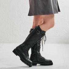ストレッチ素材で柔らかいサイドベルト レースアップ ロングブーツ /55501