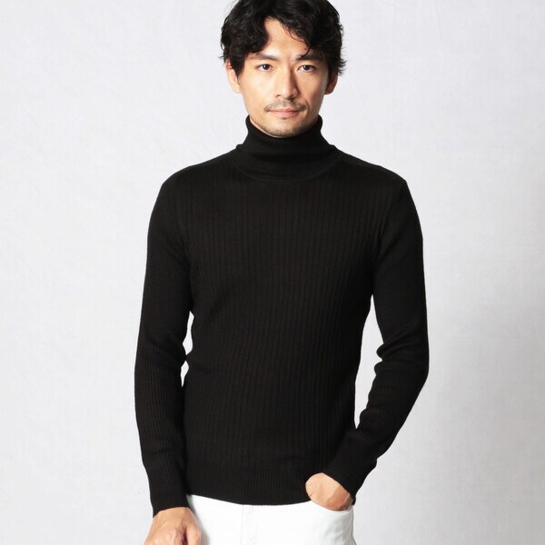 新品コムサメン メランジ ウール混リブニット タートルネック セーターM黒/COMME CA MEN