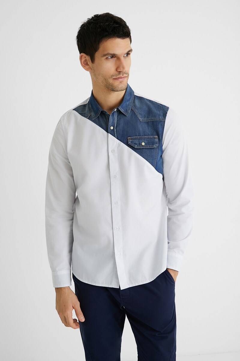 青いデニム素材のディテール付きメンズポプリンシャツ デニムシャツ メンズ シャツ デニム カジュアルシャツ メンズシャツ 綿100 長袖シャツ ゆったり ルーズ ダンガリーシャツ ウエスタンシャツ  全3色 36812 ジェネレス | メンズファッションGENELESS