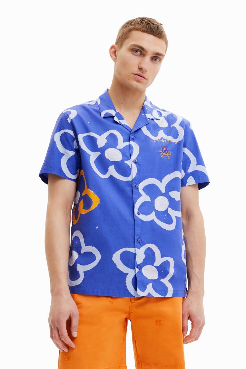 Desigual デシグアル メンズ 半袖シャツ 総柄 開襟 リップストップ