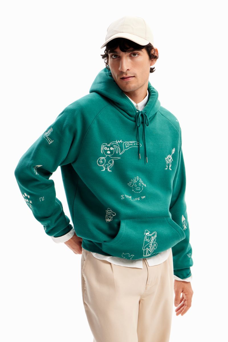 Desigual 刺繍入り青緑色ロングコート デシグアル Desigual カラフルなウール素材のレディースロング