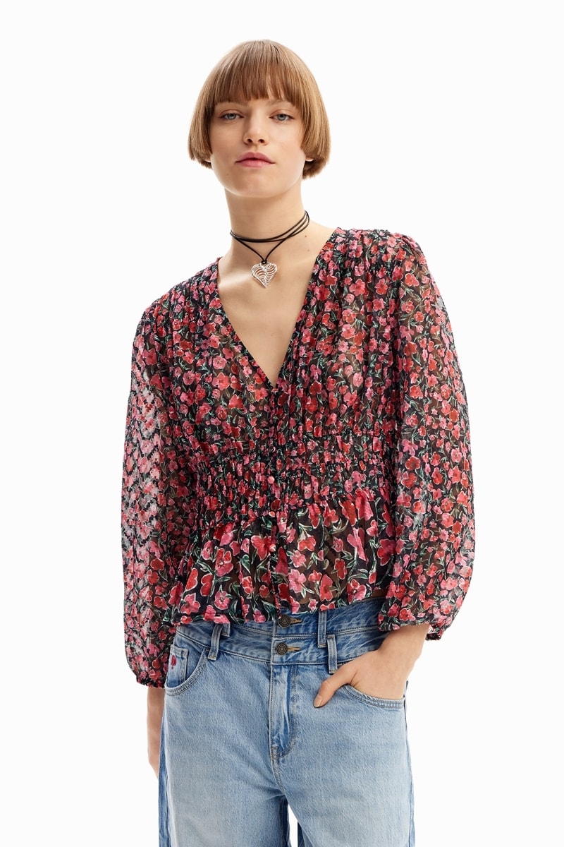 美品☆デシグアル Desigual 花柄 スイスドット ブラウス Mサイズ デシグアル Desigual 花柄 スイスドット ブラウス （グレー