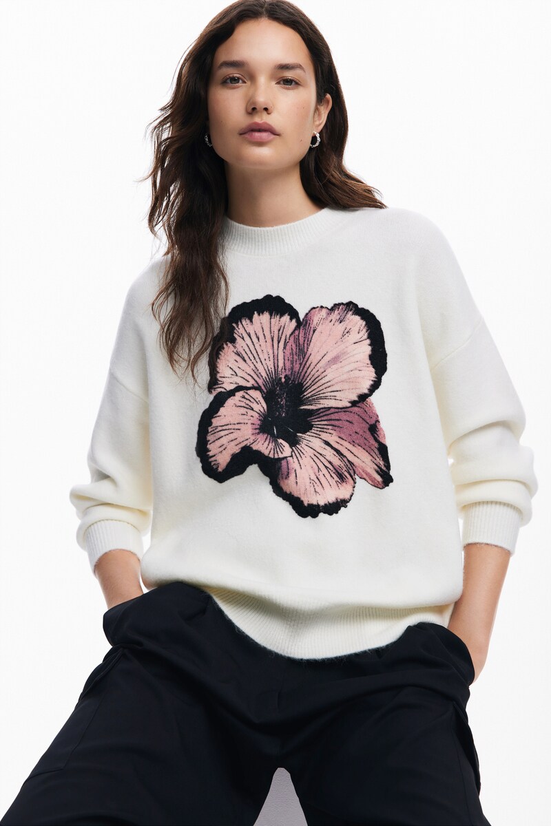 デシグアル Desigual ぼかし加工花柄 セーター （ホワイト） デシグアル Desigual ぼかし加工花柄 セーター （ホワイト