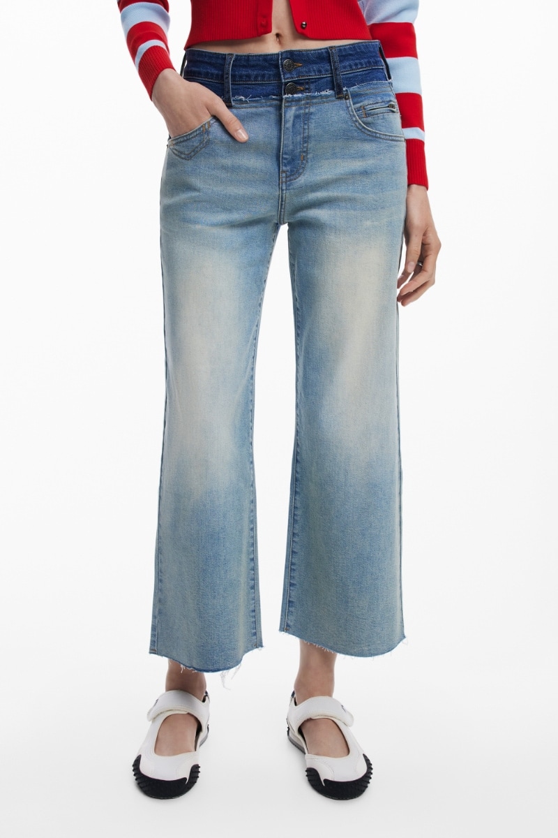 デシグアル（Desigual）/【6サイズ展開/34/44】バイカラーダブルウエストクロップドジーンズ 6サイズ展開/34/44】バイカラーダブルウエストクロップドジーンズ