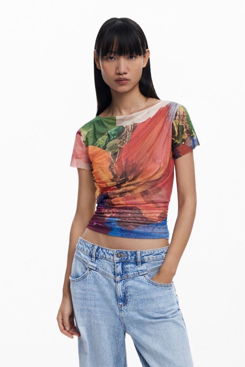 デシグアル（Desigual）/【5サイズ展開/XS/XL/大きいサイズ】フラワープリント チュール ドレープTシャツ 5サイズ展開/XS/XL/大きいサイズ】フラワープリント チュール ドレープ