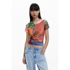 【5サイズ展開/XS/XL/大きいサイズ】フラワープリント チュール ドレープTシャツ