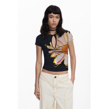 【5サイズ展開/XS/XL】花柄のスリット付き半袖Tシャツ